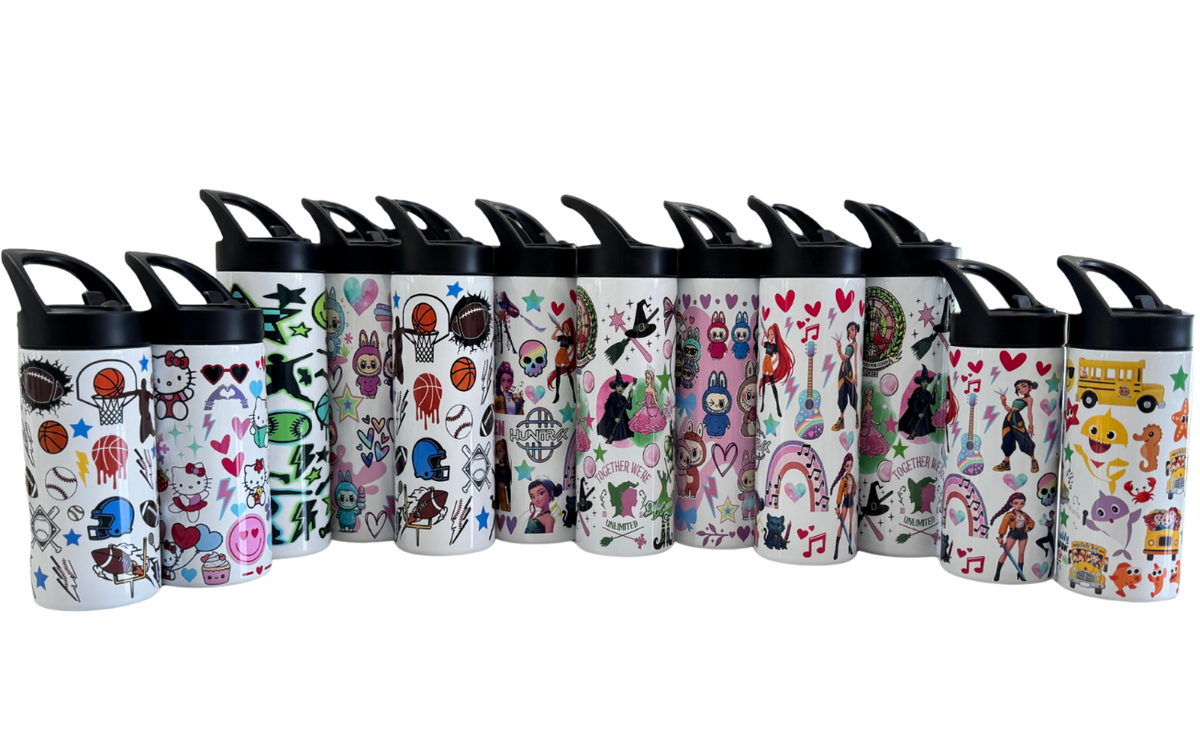 Row of colorful water bottles with various designs on a white background